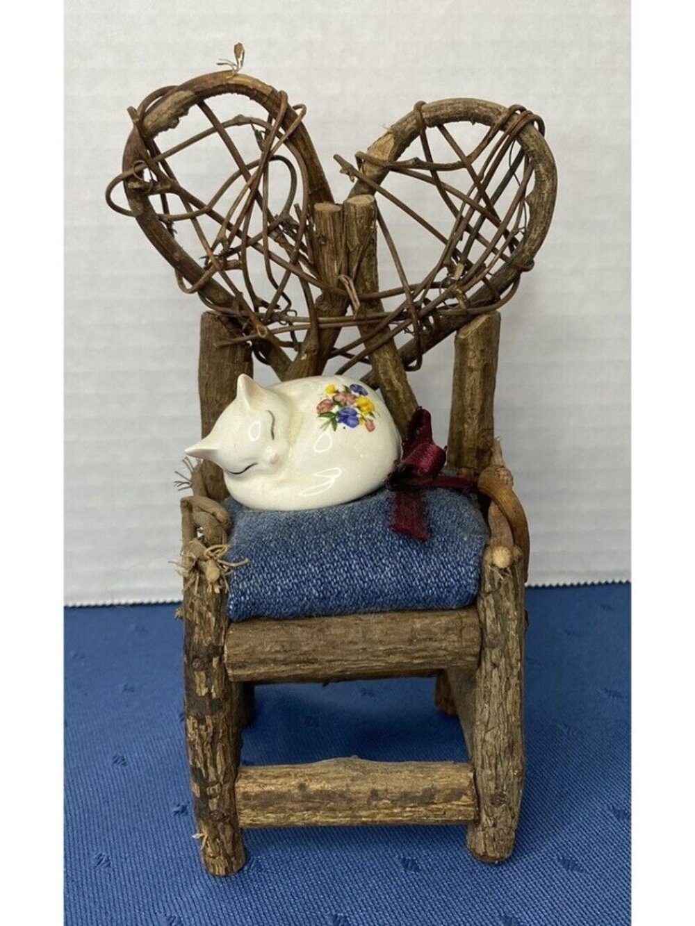 Miniature Rustic Chair & Ceramic Cat On Denim Cushion Whimsical